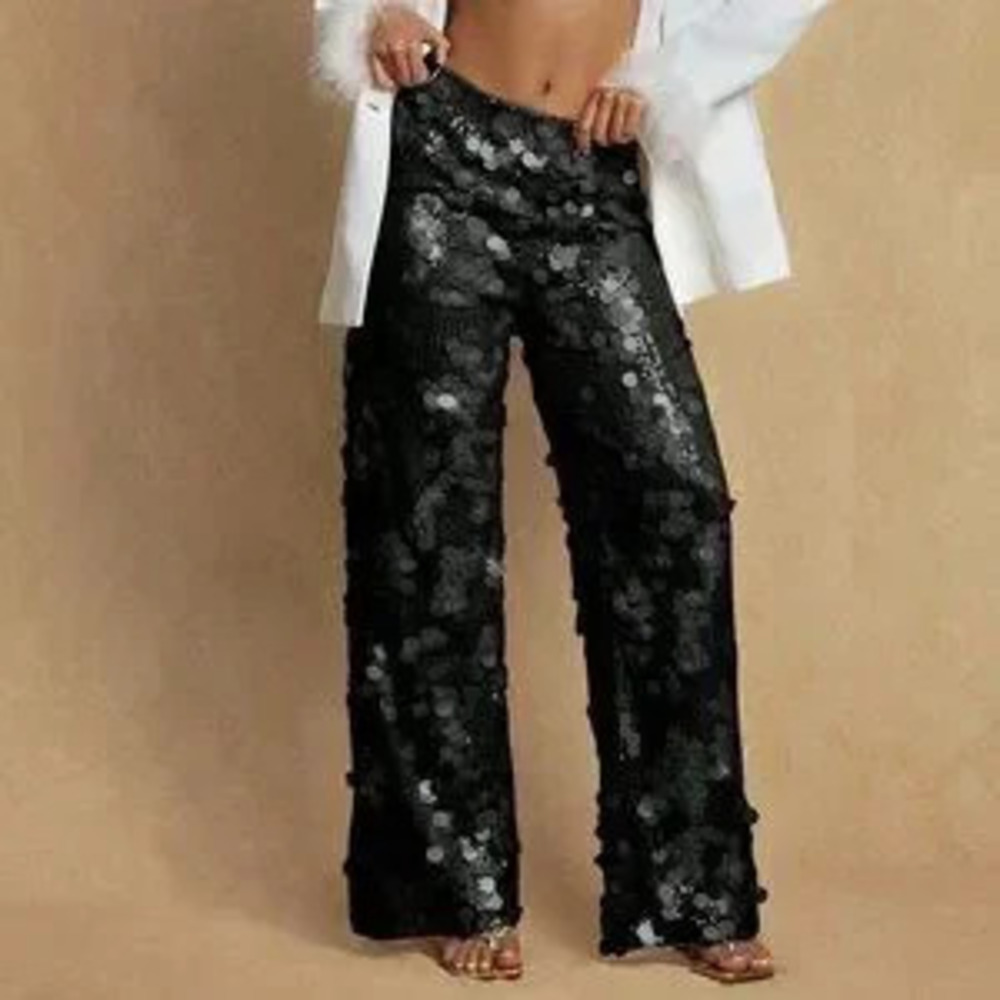 ZARA Black Party Women's High Waist Sequin detailed Wide Leg Long Pants